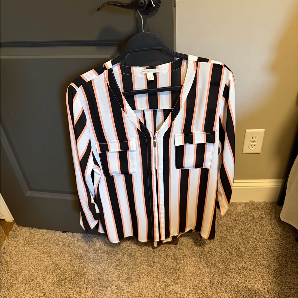 Cato Black, White and Blush Pink Striped Zip-Front Blouse